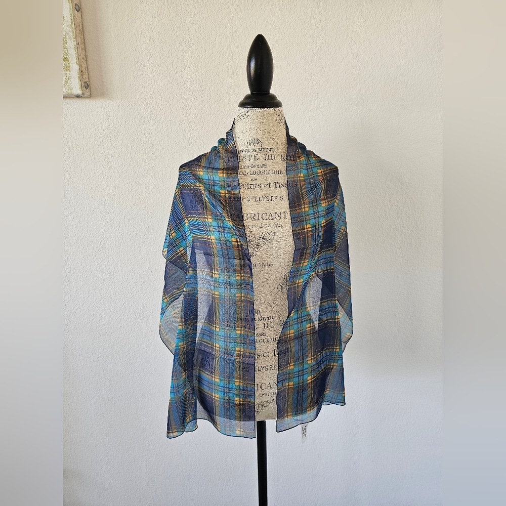 Accessory Street Blue Yellow Green Plaid Sheer Long Neck Scarf